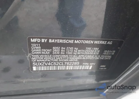 2012 BMW X5 xDrive35I/xDrive35I Premium/xDrive35I Sport Activity z USA, uszkodzony, nr VIN 5UXZV4C52CL762285